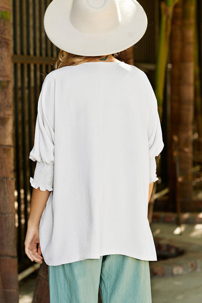 White Plain & Casual Shirred Cuffs Half Sleeve Top