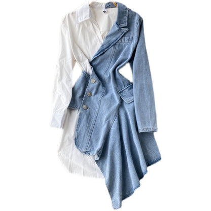 Irregular Long Sleeve Shirt Stitching Denim Dress