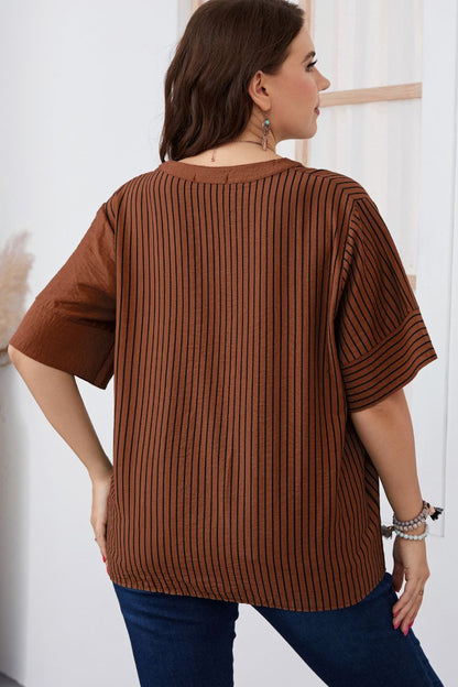 Plus Size Striped Notched Neck Half Sleeve Top