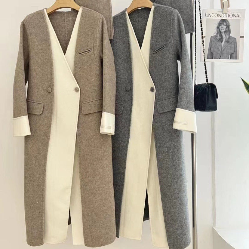 Double-sided Wool Overcoat V-neck Scarf Reversible Woolen Jacket