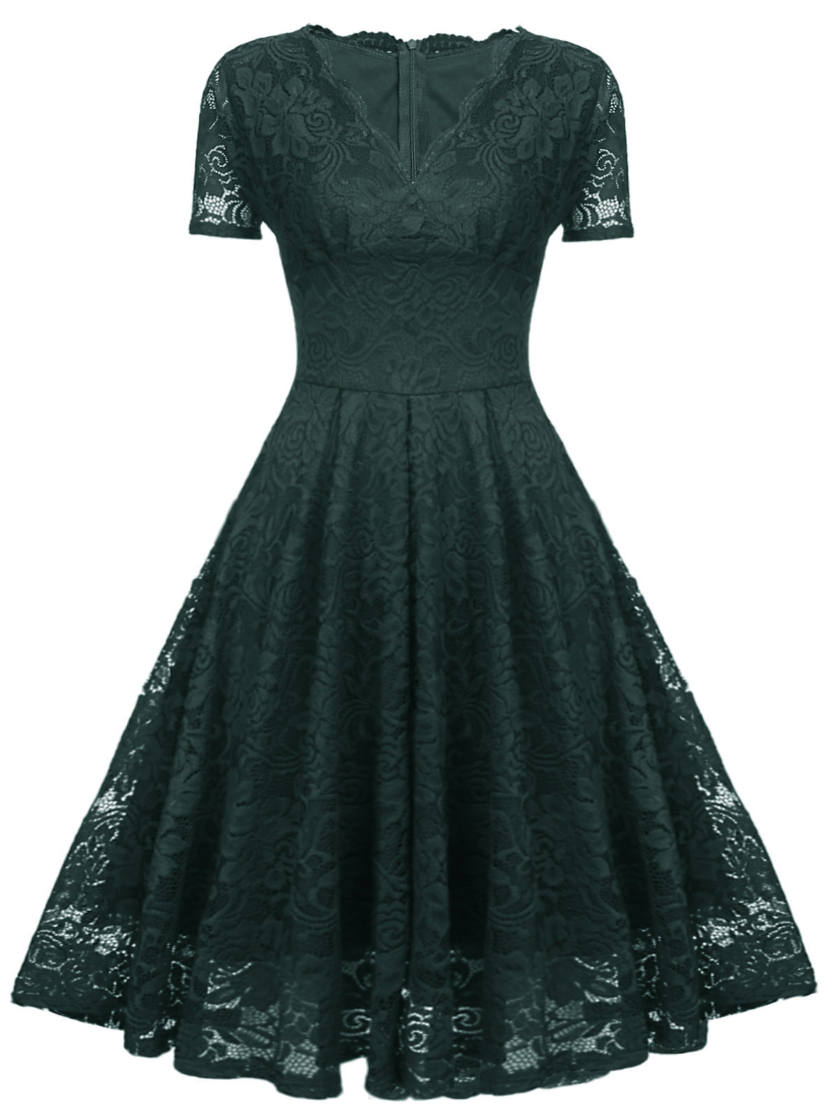 V-neck Mid-length Lace Swing Dress