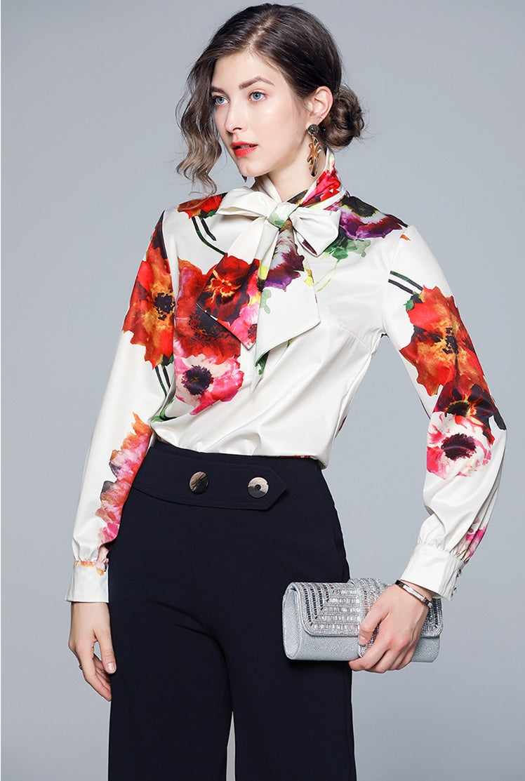 Long Sleeve Bow Ribbon Print Fashion Women's Shirt