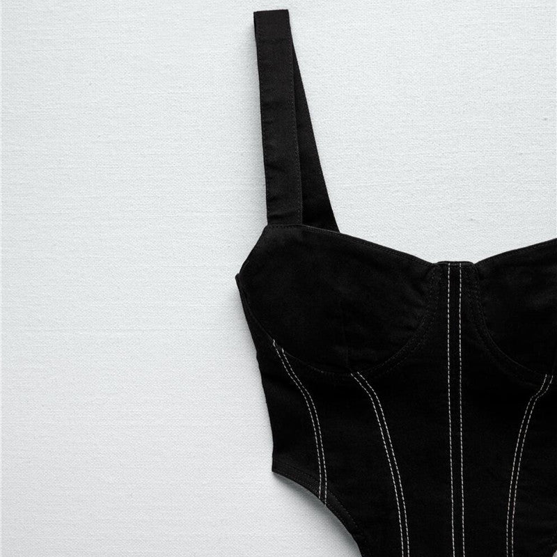 Women's Denim Bodysuit Black Top