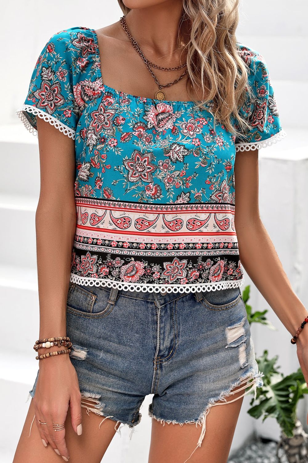 Bohemian Square Neck Short Sleeve Top