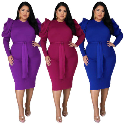 Women's Long Sleeve Belt Slim Fit Plus Size Dress