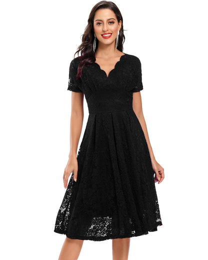 V-neck Mid-length Lace Swing Dress