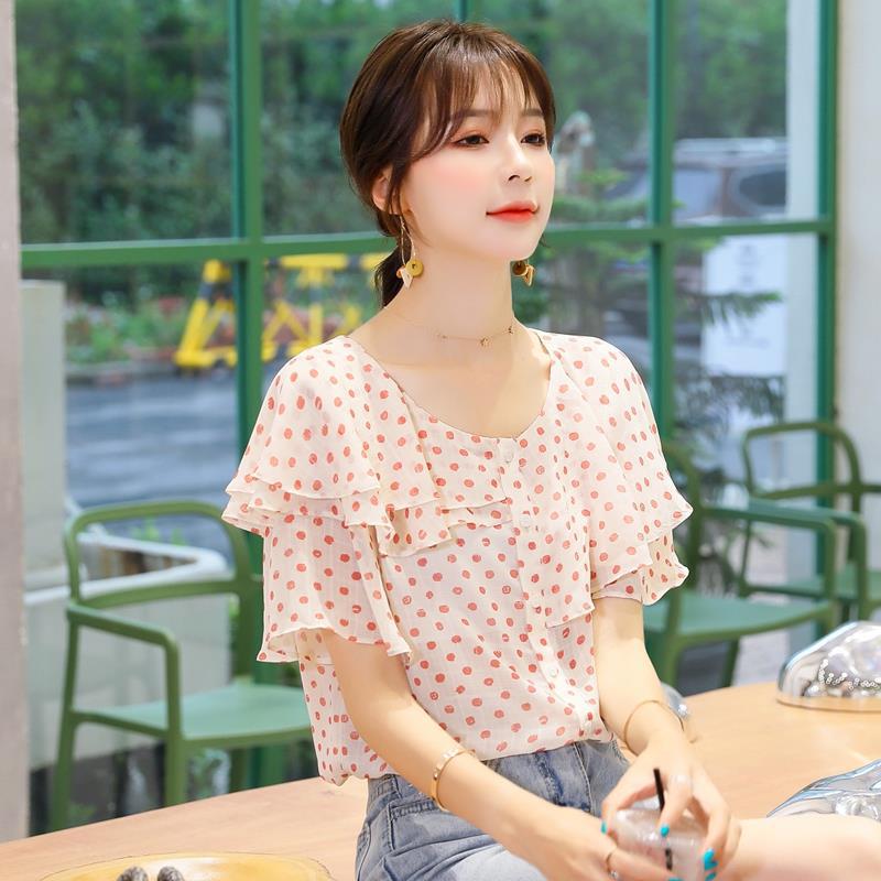 Niche Summer Retro Ruffled Short Sleeved Chiffon Shirt Polka Dot Top