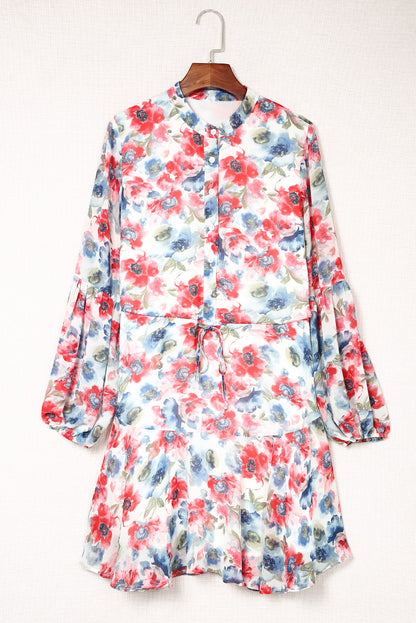 Robe fluide à cordon de serrage à imprimé floral vintage bleu ciel