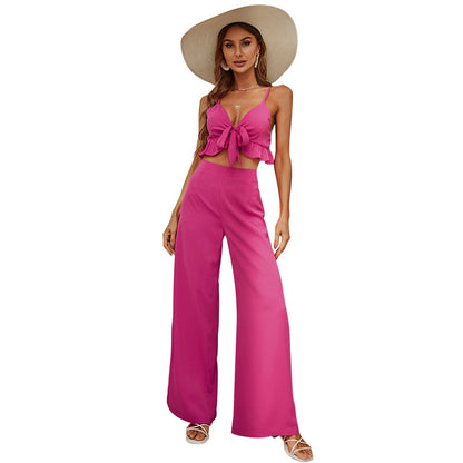 Rose Red Sling Tube Top Backless Top Women's Long Bell-bottom Pants Suit