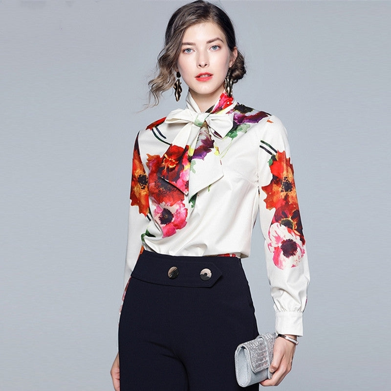 Long Sleeve Bow Ribbon Print Fashion Women's Shirt