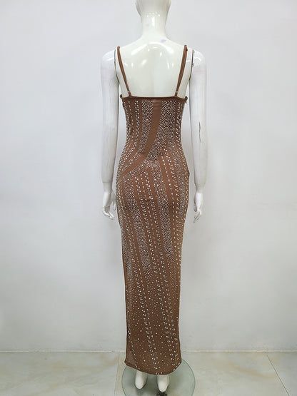 Net Drill Rhinestone Split Strap Dress