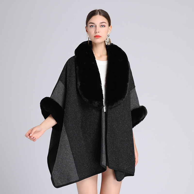 Imitation Rex Rabbit Fur Collar Cape And Shawl Women's Plus Size Loose Woolen Coat