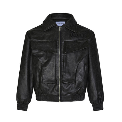 American Street Retro Large Pocket Lapels PU Leather Coat