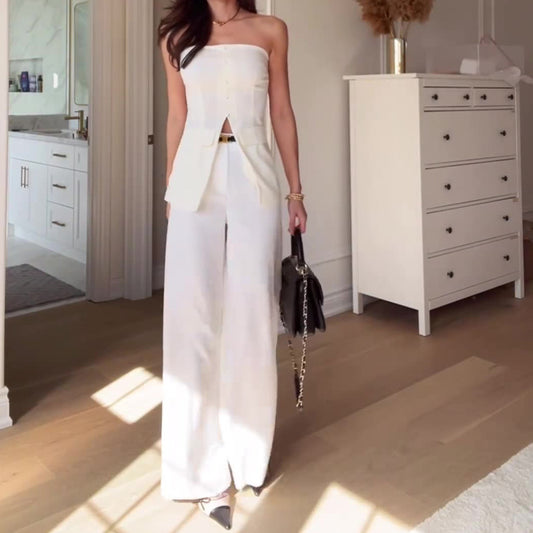 Off-neck Tube Top Split Top With High Waist Straight-leg Pants Hot Suit