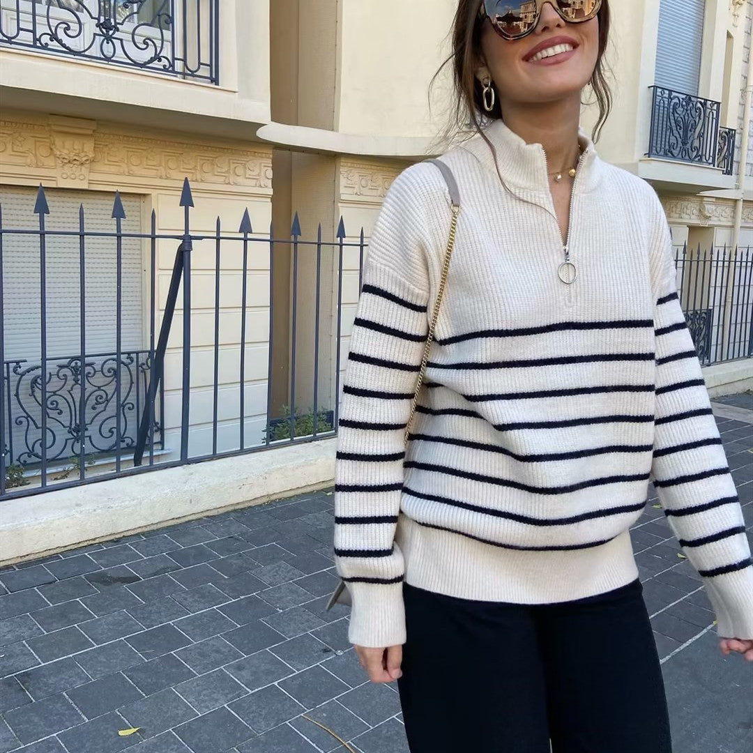 Pull rayé à fermeture éclair pour femme, couleur contrastée