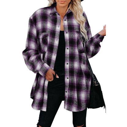 Camisa a cuadros Mujer Primavera Blusa holgada de longitud media Camisa con cuello vuelto Ropa