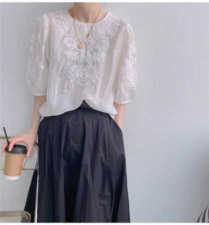 European Heavy Industry Embroidered Lace Blouse With Short Sleeves