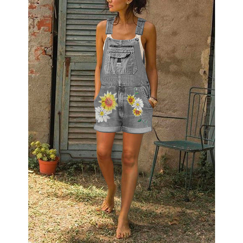 Shorts con tirantes y tirantes para mujer, lavados, con cremallera y adornos