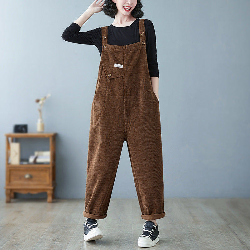 Loose Slimming Harem Suspenders Corduroy Trousers Women