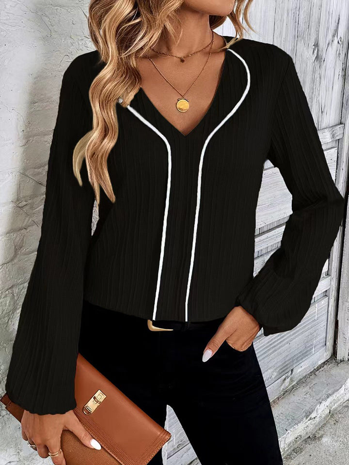 Contrast V-Neck Long Sleeve Blouse