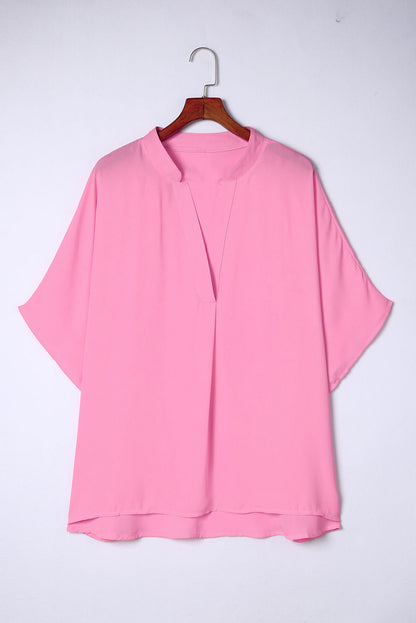 Blouse à Col Cranté et Demi-Manches de Grande Taille