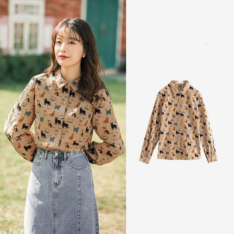 Vintage Hong Kong Style Printed Long-sleeved Shirt Top