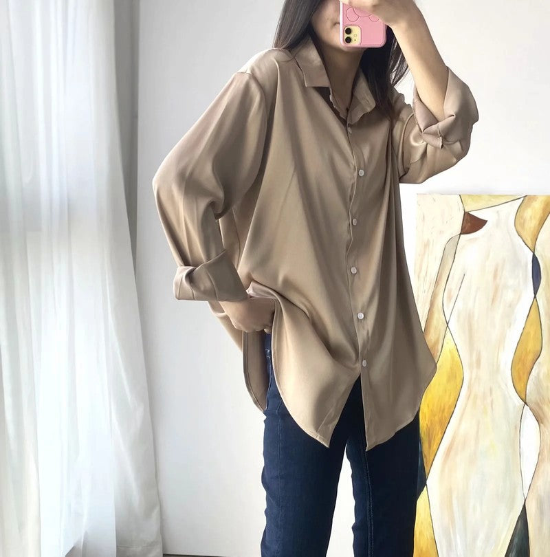 Long New Temperament Drape Silk Satin Loose Shirt