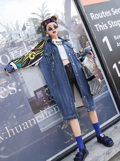 Graffiti Stitching Denim Long-sleeved Cardigan Long Coat Windbreaker