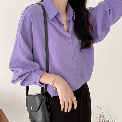 Loose Long-sleeved Solid Color Lapel Chiffon Shirt