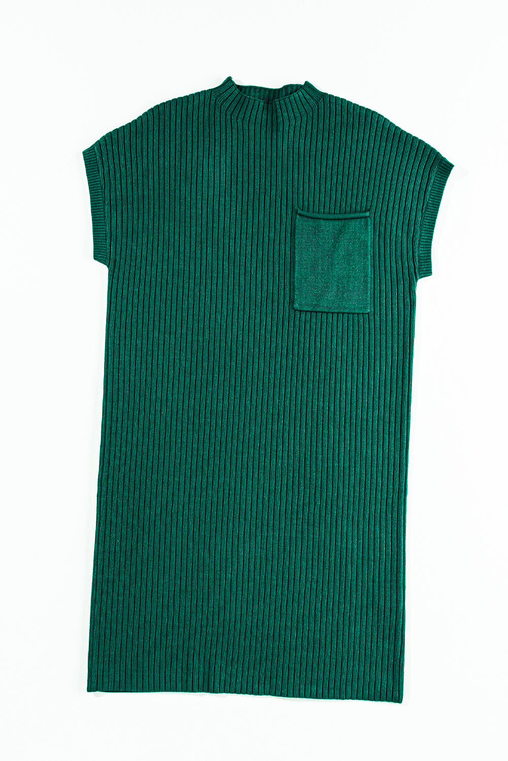 Vestido jersey de punto acanalado con bolsillo de parche de manga corta verde negruzco