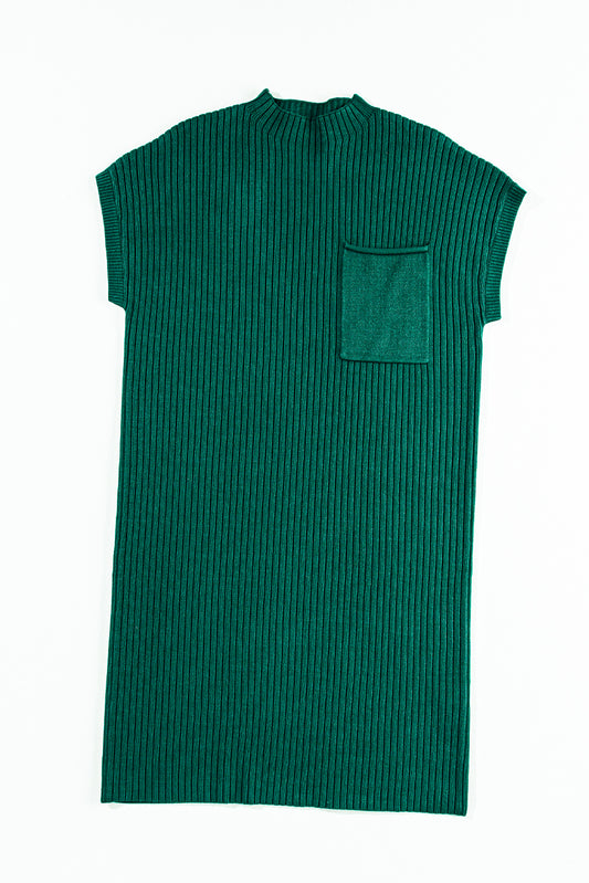 Vestido jersey de punto acanalado con bolsillo de parche de manga corta verde negruzco