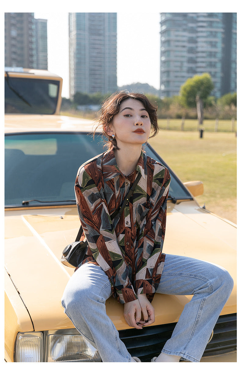 Spring And Autumn Loose Top Retro Hong Kong Style Long Sleeve Flower Shirt