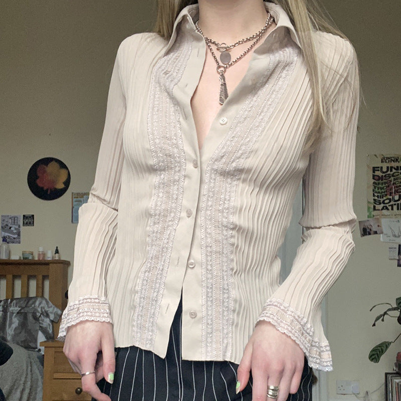 Chemise à revers en mousseline de soie et dentelle pour femmes