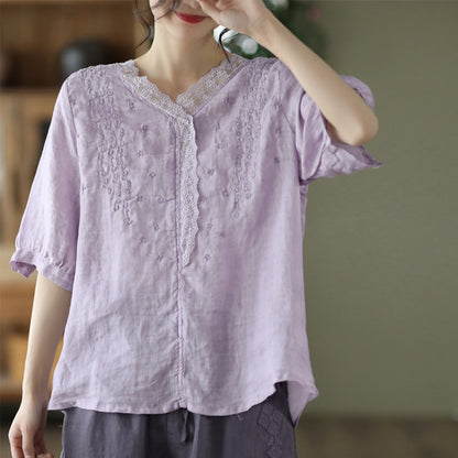 Fine Ramie Embroidered Women's V-Neck Lace Pullover Shirt