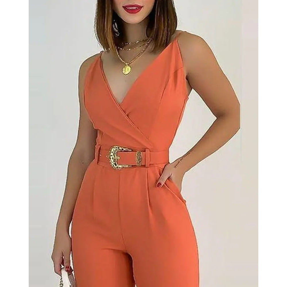 Women's Clothes V-neck Lace Up Solid Color Jumpsuit