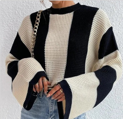 Pull tricoté rayé à col rond pour femme