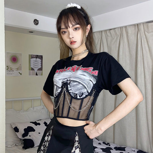 Metal Chain Mesh Print Fake Two Piece Punk Crop Top